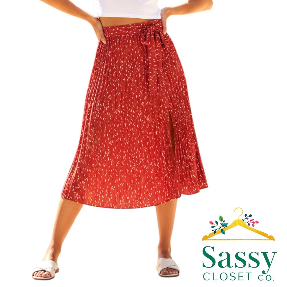 Skies Are Blue Red White Dot Pleated Midi Skirt L NWOT D-Ring Split Slit